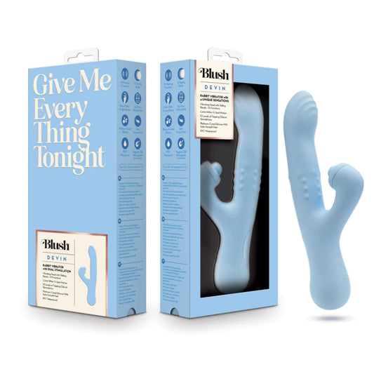 Blush Devin 9.25 Inch G Spot Clitoral Dual Stimulation Rabbit Vibrator In Blue