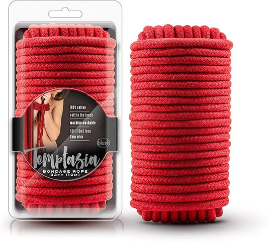 Blush Novelties Temptasia Red Bondage Rope, 32 Foot Non-Slip Shibari Rope 100% Cotton, Comfortable BDSM, Easy to Clean, Machine Washable, Thick and Sturdy for Binding