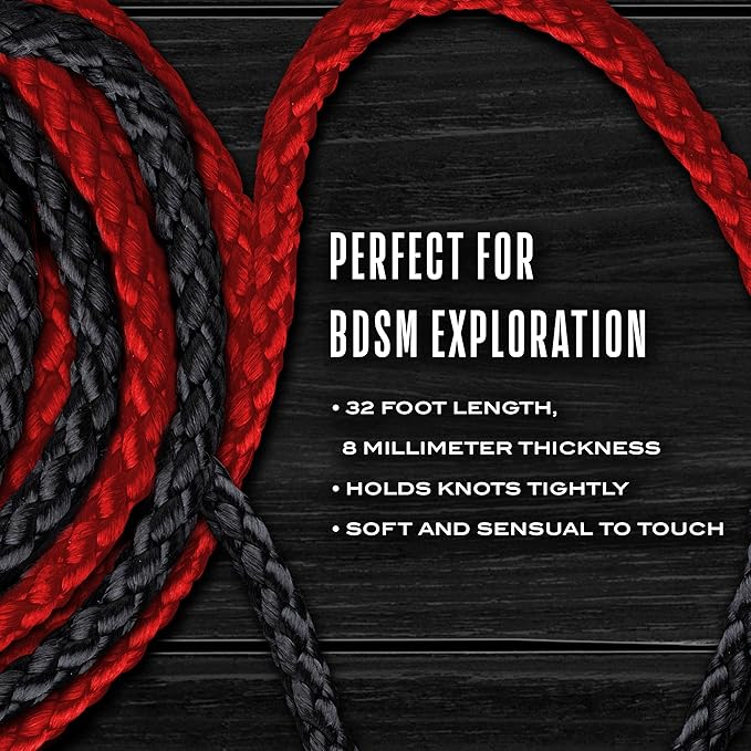 Blush Novelties Temptasia Red Bondage Rope, 32 Foot Non-Slip Shibari Rope 100% Cotton, Comfortable BDSM, Easy to Clean, Machine Washable, Thick and Sturdy for Binding