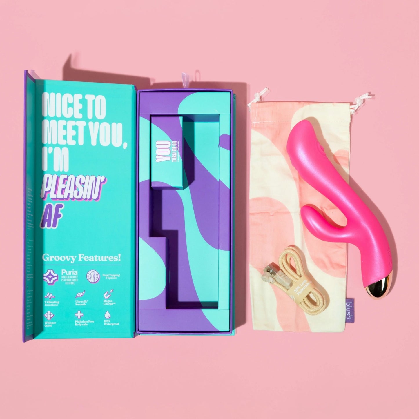 Blush  Aria By  Pleasin' AF:  Stimulator + Dual Pulsations Fuchsia Silicone Vibrator