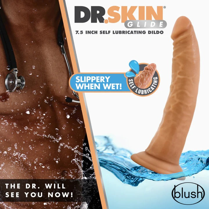 Dr. Skin Glide By Blush® | Realistic Mocha 7.5-Inch Long Self-Lubricating Dildo With Suction Cup Base